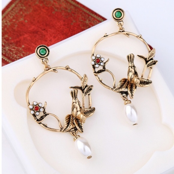 Gold Autumn Bird Flower Pearl Round Drop Earrings - Picture 2 of 3